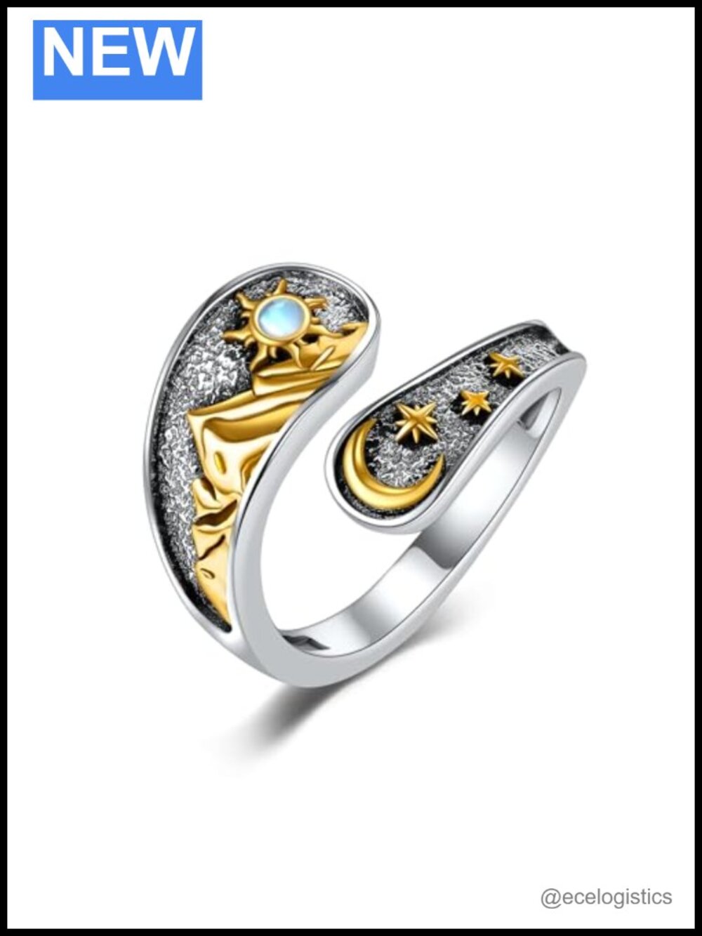 Sterling Silver Sun Moon Spoon Ring Adjustable Statement Boho Jewelry Gift